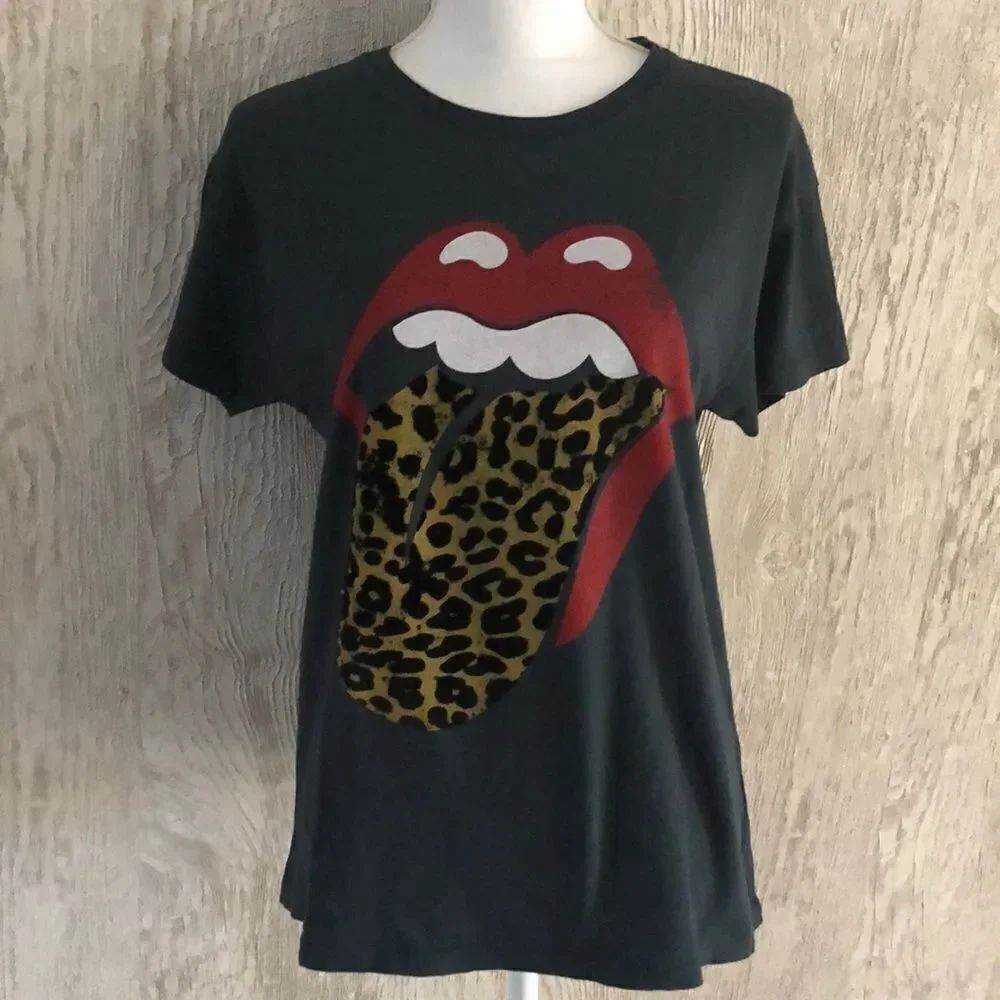 Daydreamer Rolling Stones Velvet Leopard Black Tee, Size M